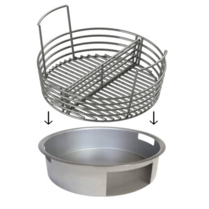 An ash pan is shown with a charcoal basket that sits on top of the pan. This provides easier and faster ash cleanup.