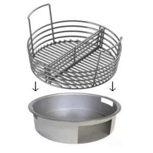 An ash pan is shown with a charcoal basket that sits on top of the pan. This provides easier and faster ash cleanup.
